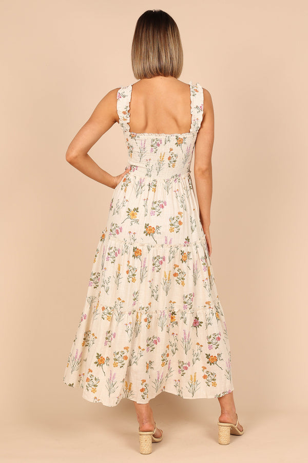 DRESSES @August Shirred Maxi Dress - Beige Floral (waiting on bulk)