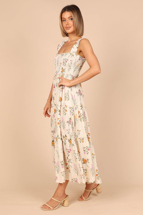 DRESSES @August Shirred Maxi Dress - Beige Floral (waiting on bulk)