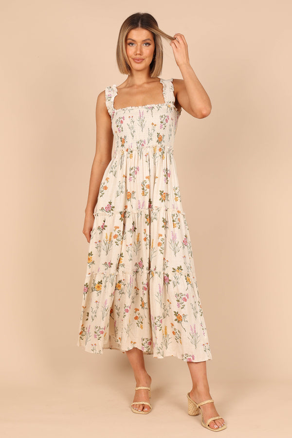 DRESSES @August Shirred Maxi Dress - Beige Floral (waiting on bulk)