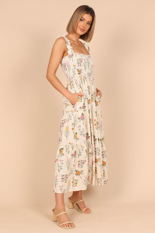 DRESSES @August Shirred Maxi Dress - Beige Floral (waiting on bulk)