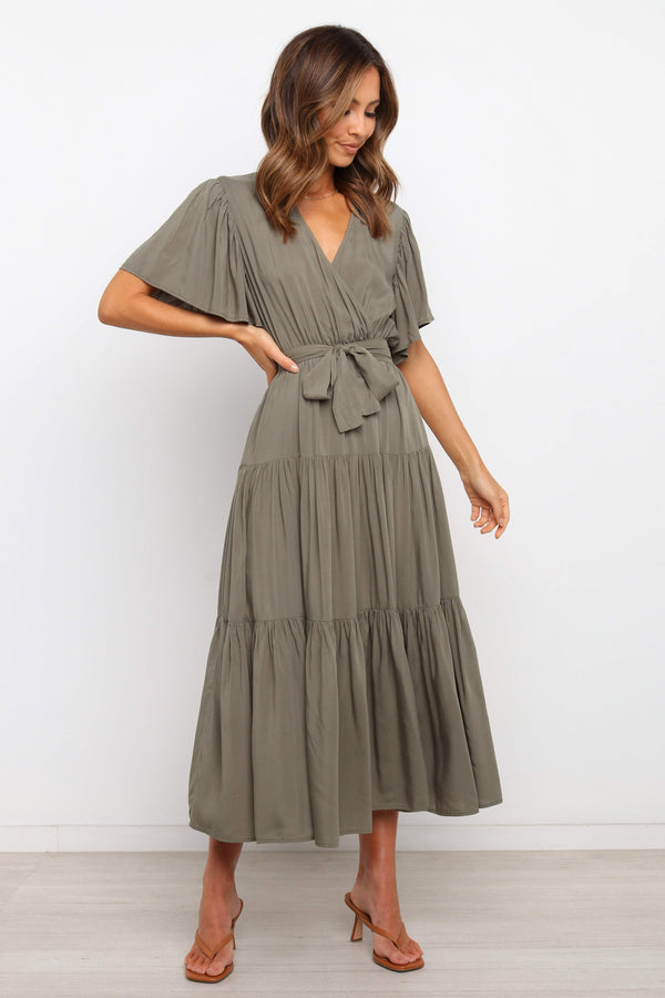 DRESSES Barker Dress -  Midi length, flutter sleeve, wrap dress in a classic neutral olive. V-Neck line with a bow to complete the wrap waist look. Perfect for wedding guests, baby showers and sprinkles, day dates, hens parties and more! A luxe yet affordable staple for every woman's closet. 