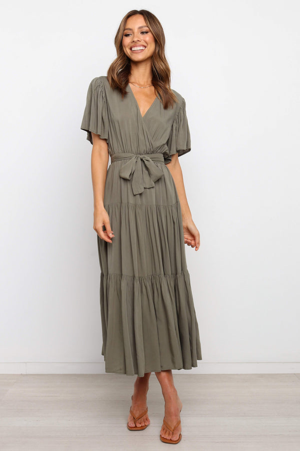 DRESSES Barker Dress -  Midi length, flutter sleeve, wrap dress in a classic neutral olive. V-Neck line with a bow to complete the wrap waist look. Perfect for wedding guests, baby showers and sprinkles, day dates, hens parties and more! A luxe yet affordable staple for every woman's closet. 