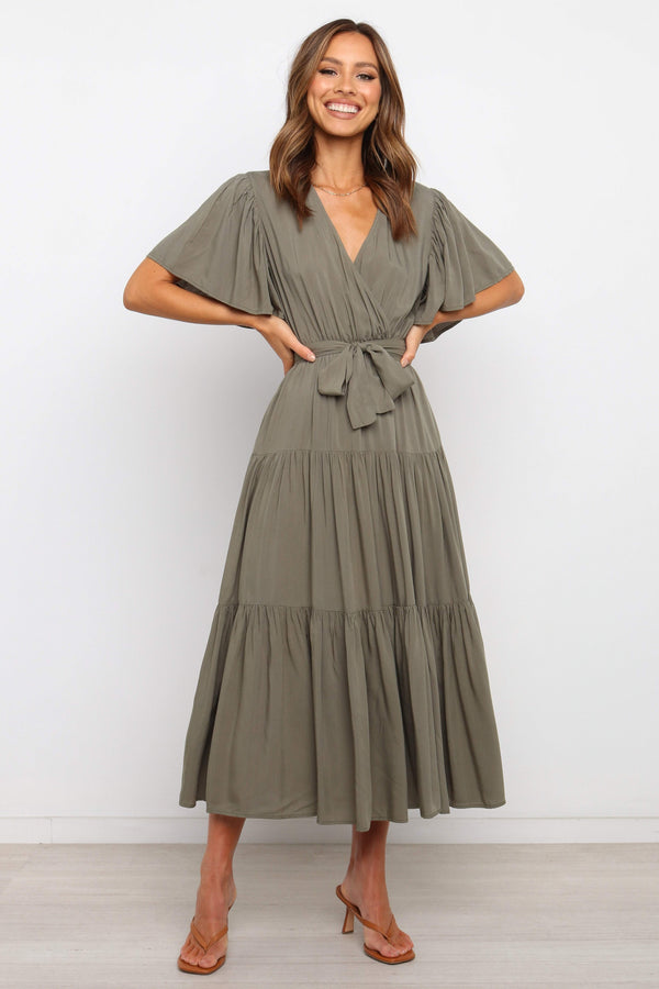 DRESSES Barker Dress -  Midi length, flutter sleeve, wrap dress in a classic neutral olive. V-Neck line with a bow to complete the wrap waist look. Perfect for wedding guests, baby showers and sprinkles, day dates, hens parties and more! A luxe yet affordable staple for every woman's closet. 