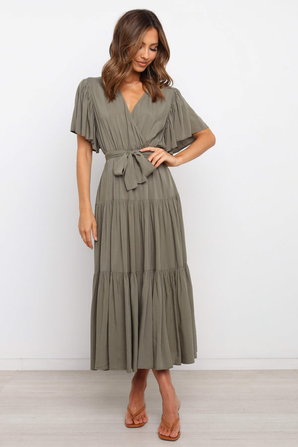 DRESSES Barker Dress -  Midi length, flutter sleeve, wrap dress in a classic neutral olive. V-Neck line with a bow to complete the wrap waist look. Perfect for wedding guests, baby showers and sprinkles, day dates, hens parties and more! A luxe yet affordable staple for every woman's closet. 