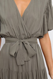 DRESSES Barker Dress -  Midi length, flutter sleeve, wrap dress in a classic neutral olive. V-Neck line with a bow to complete the wrap waist look. Perfect for wedding guests, baby showers and sprinkles, day dates, hens parties and more! A luxe yet affordable staple for every woman's closet. 