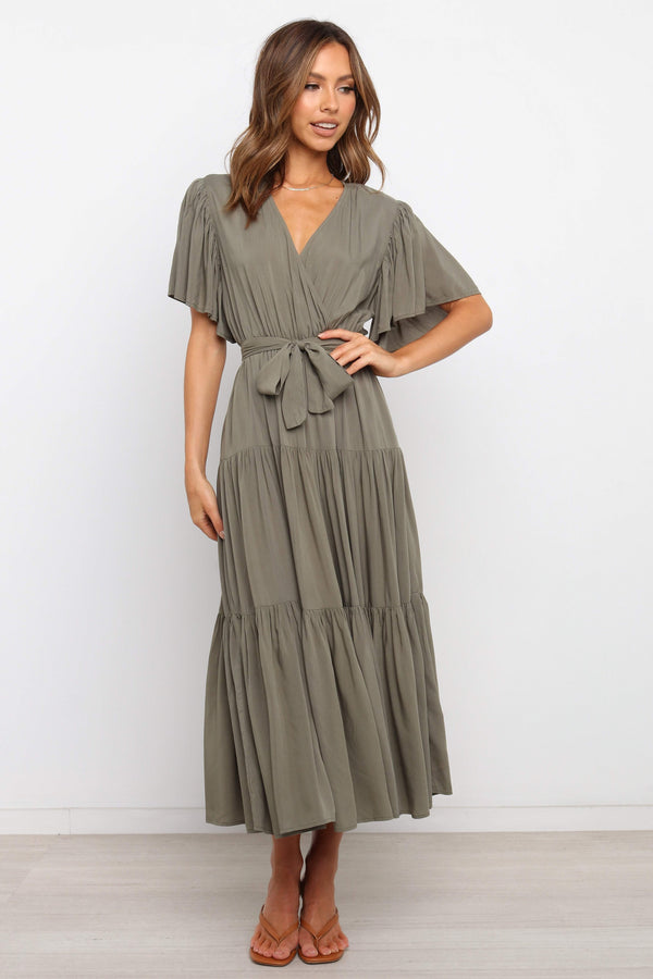 DRESSES Barker Dress -  Midi length, flutter sleeve, wrap dress in a classic neutral olive. V-Neck line with a bow to complete the wrap waist look. Perfect for wedding guests, baby showers and sprinkles, day dates, hens parties and more! A luxe yet affordable staple for every woman's closet. 