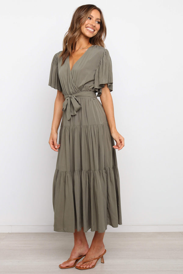 DRESSES Barker Dress -  Midi length, flutter sleeve, wrap dress in a classic neutral olive. V-Neck line with a bow to complete the wrap waist look. Perfect for wedding guests, baby showers and sprinkles, day dates, hens parties and more! A luxe yet affordable staple for every woman's closet. 