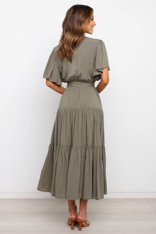 DRESSES Barker Dress -  Midi length, flutter sleeve, wrap dress in a classic neutral olive. V-Neck line with a bow to complete the wrap waist look. Perfect for wedding guests, baby showers and sprinkles, day dates, hens parties and more! A luxe yet affordable staple for every woman's closet. 