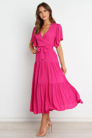 DRESSES Barker Dress - Pink Midi length, flutter sleeve, wrap dress in bright pink fushia. V-Neck line with a bow to complete the wrap waist look. Perfect for wedding guests, baby showers and sprinkles, day dates, hens parties and more! A luxe yet affordable staple for every woman's closet. 