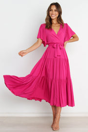 DRESSES Barker Dress - Pink Midi length, flutter sleeve, wrap dress in bright pink fushia. V-Neck line with a bow to complete the wrap waist look. Perfect for wedding guests, baby showers and sprinkles, day dates, hens parties and more! A luxe yet affordable staple for every woman's closet. 
