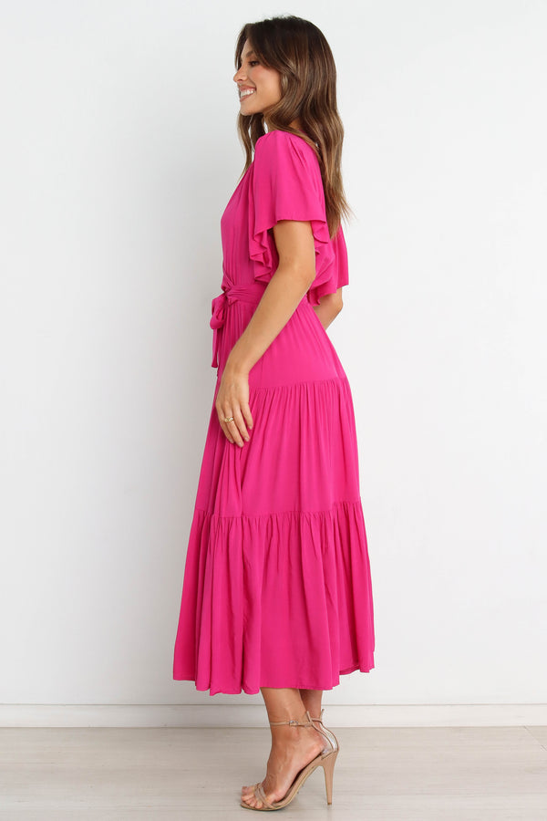 DRESSES Barker Dress - Pink Midi length, flutter sleeve, wrap dress in bright pink fushia. V-Neck line with a bow to complete the wrap waist look. Perfect for wedding guests, baby showers and sprinkles, day dates, hens parties and more! A luxe yet affordable staple for every woman's closet. 