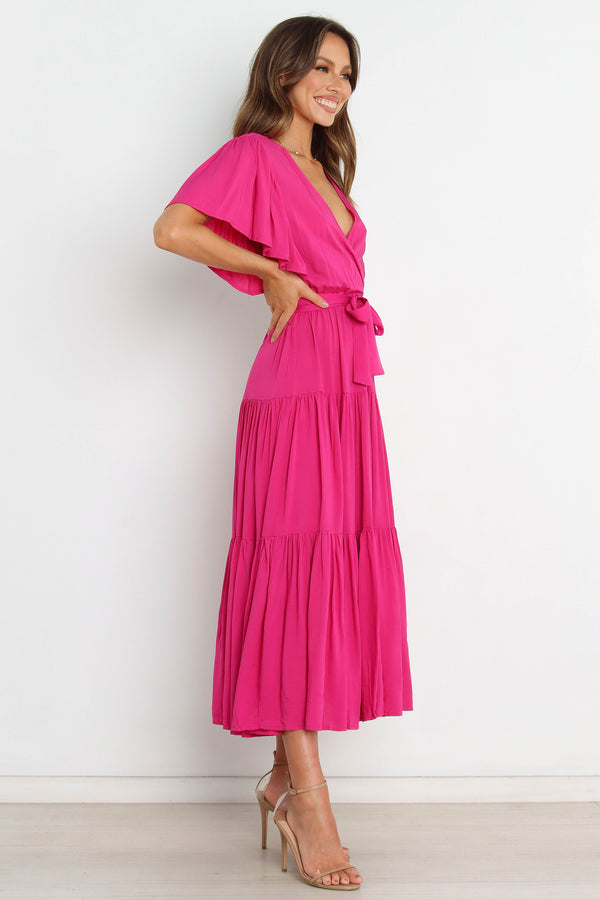 DRESSES Barker Dress - Pink Midi length, flutter sleeve, wrap dress in bright pink fushia. V-Neck line with a bow to complete the wrap waist look. Perfect for wedding guests, baby showers and sprinkles, day dates, hens parties and more! A luxe yet affordable staple for every woman's closet. 