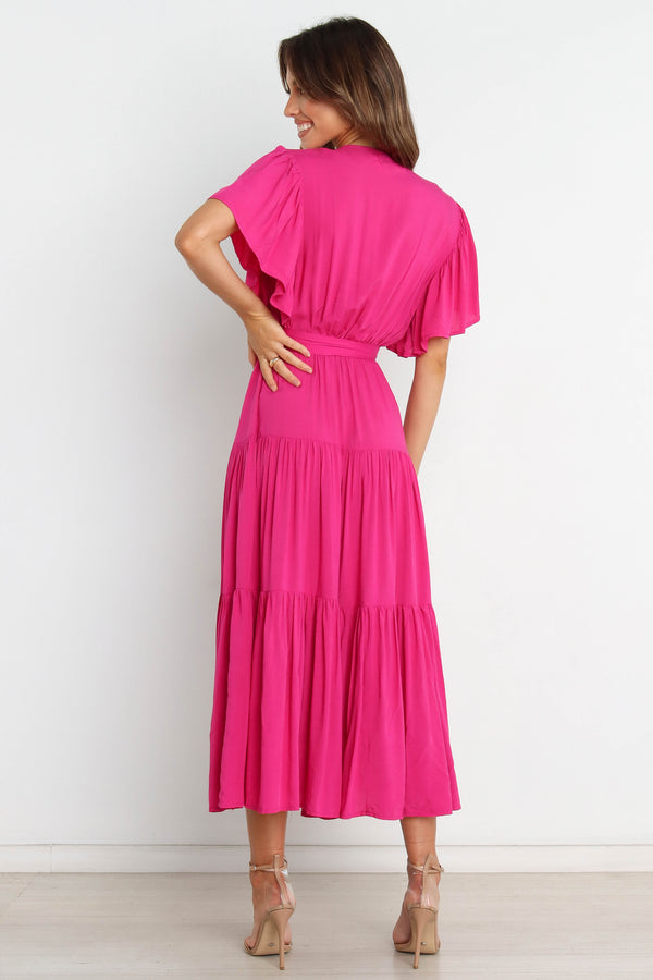 DRESSES Barker Dress - Pink Midi length, flutter sleeve, wrap dress in bright pink fushia. V-Neck line with a bow to complete the wrap waist look. Perfect for wedding guests, baby showers and sprinkles, day dates, hens parties and more! A luxe yet affordable staple for every woman's closet. 