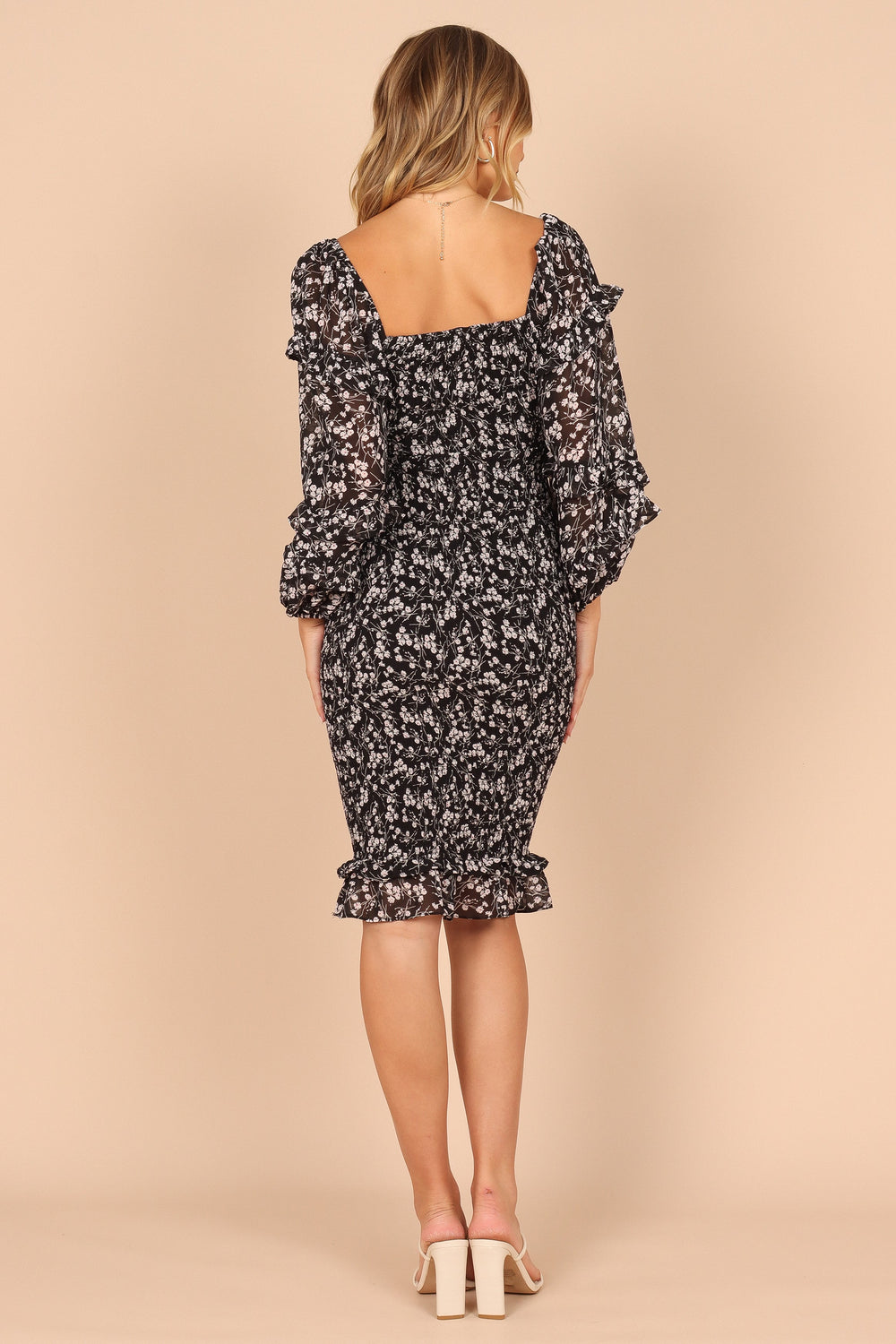 DRESSES @Bonita Shirred Frill Long Sleeve Bodycon Midi Dress - Black Floral