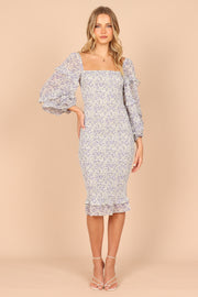 DRESSES @Bonita Shirred Frill Long Sleeve Bodycon Midi Dress - Blue Floral