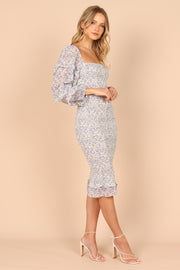 DRESSES @Bonita Shirred Frill Long Sleeve Bodycon Midi Dress - Blue Floral