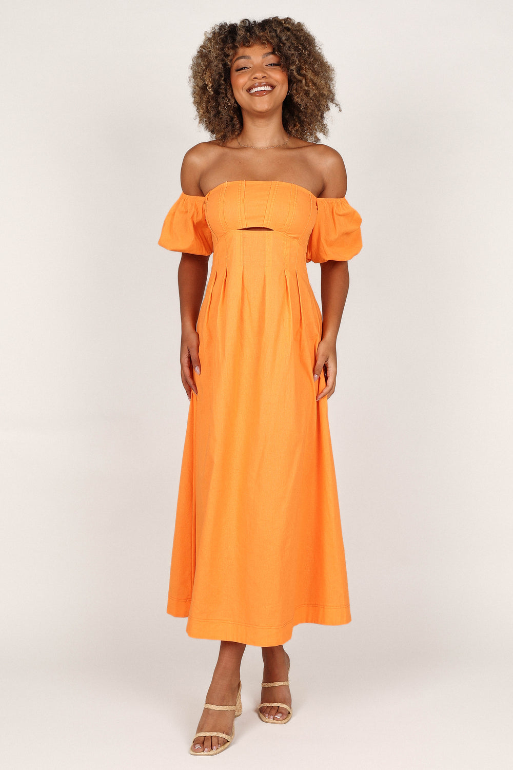 DRESSES Cadee Strapless Puff Sleeve Midi Dress - Orange