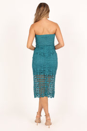 DRESSES @Candice Strapless Lace Midi Dress - Teal