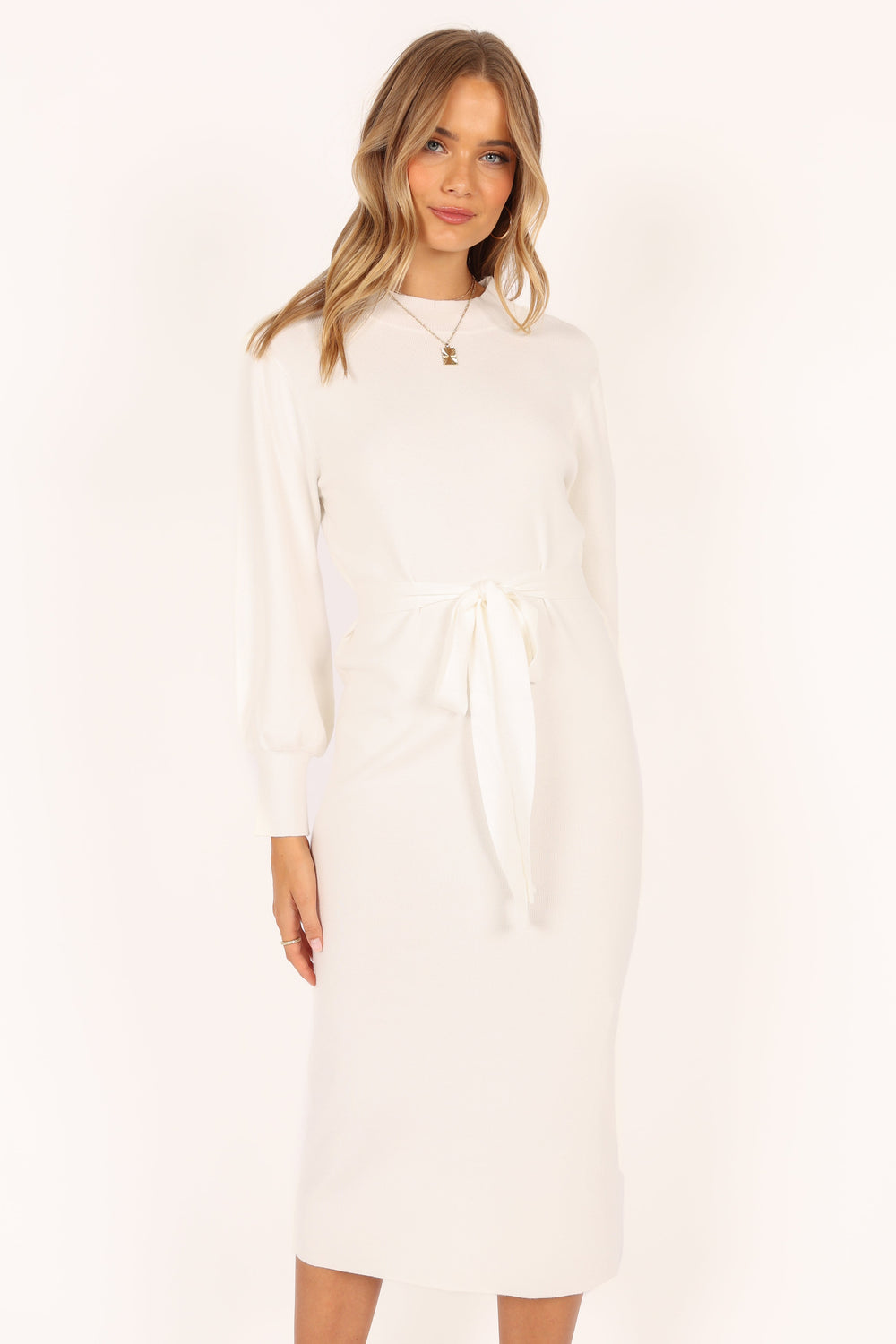 DRESSES @Carina Long Sleeve Midi Knit Dress - Cream
