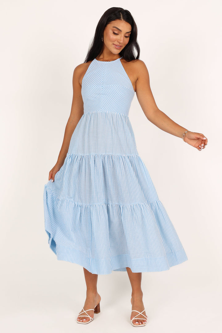 Blue Striped Women Tiered Dress