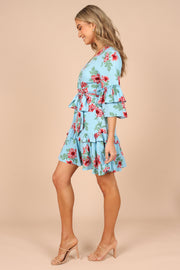 DRESSES @Cassatt Wrap Mini Dress - Blue Floral