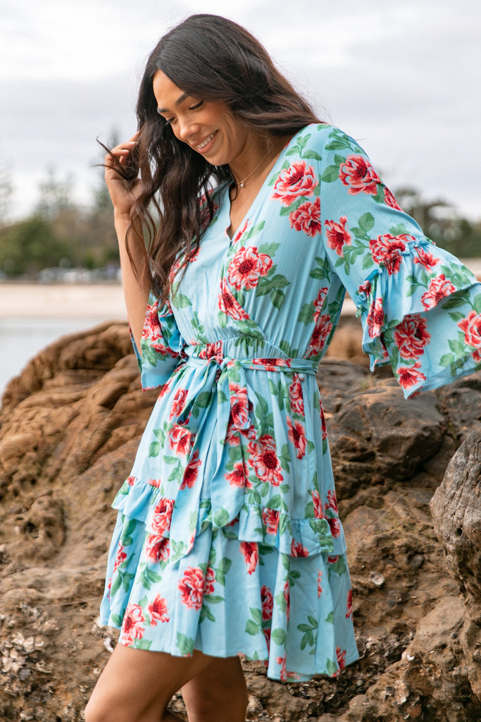 Blue floral long sleeve hotsell wrap dress