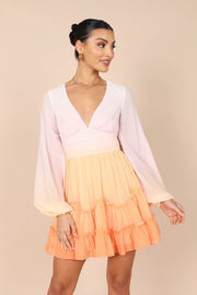 DRESSES @Choux Long Sleeve Tiered Mini Dress - Orange Gradient
