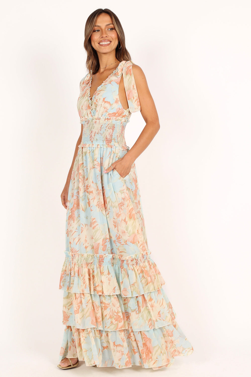 DRESSES @Christabel Tiered Maxi Dress - Blue Floral