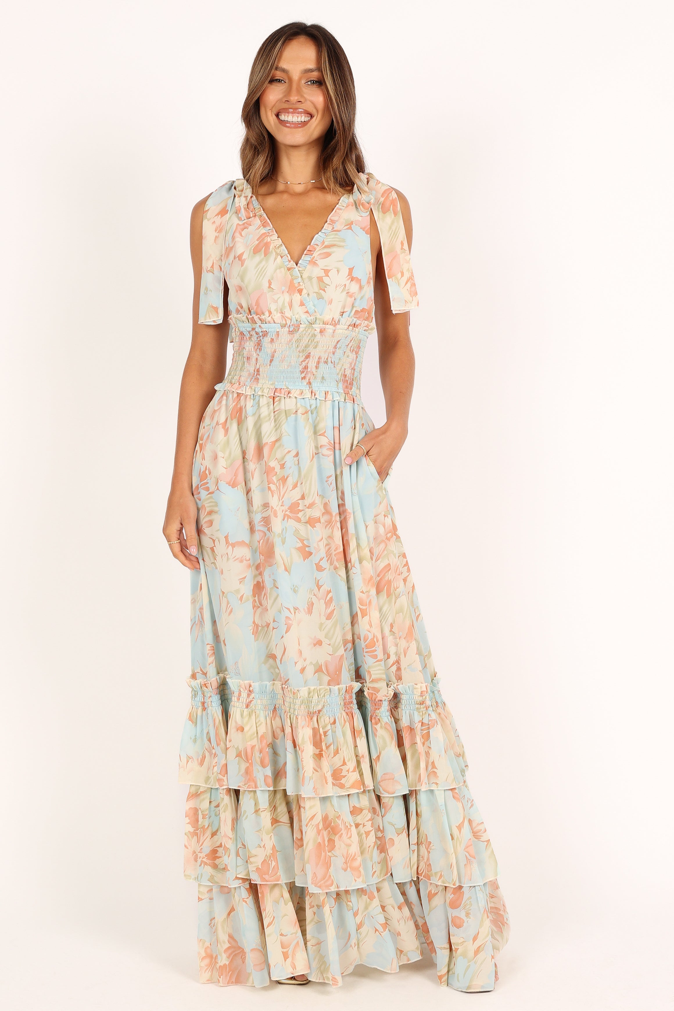 DRESSES @Christabel Tiered Maxi Dress - Blue Floral