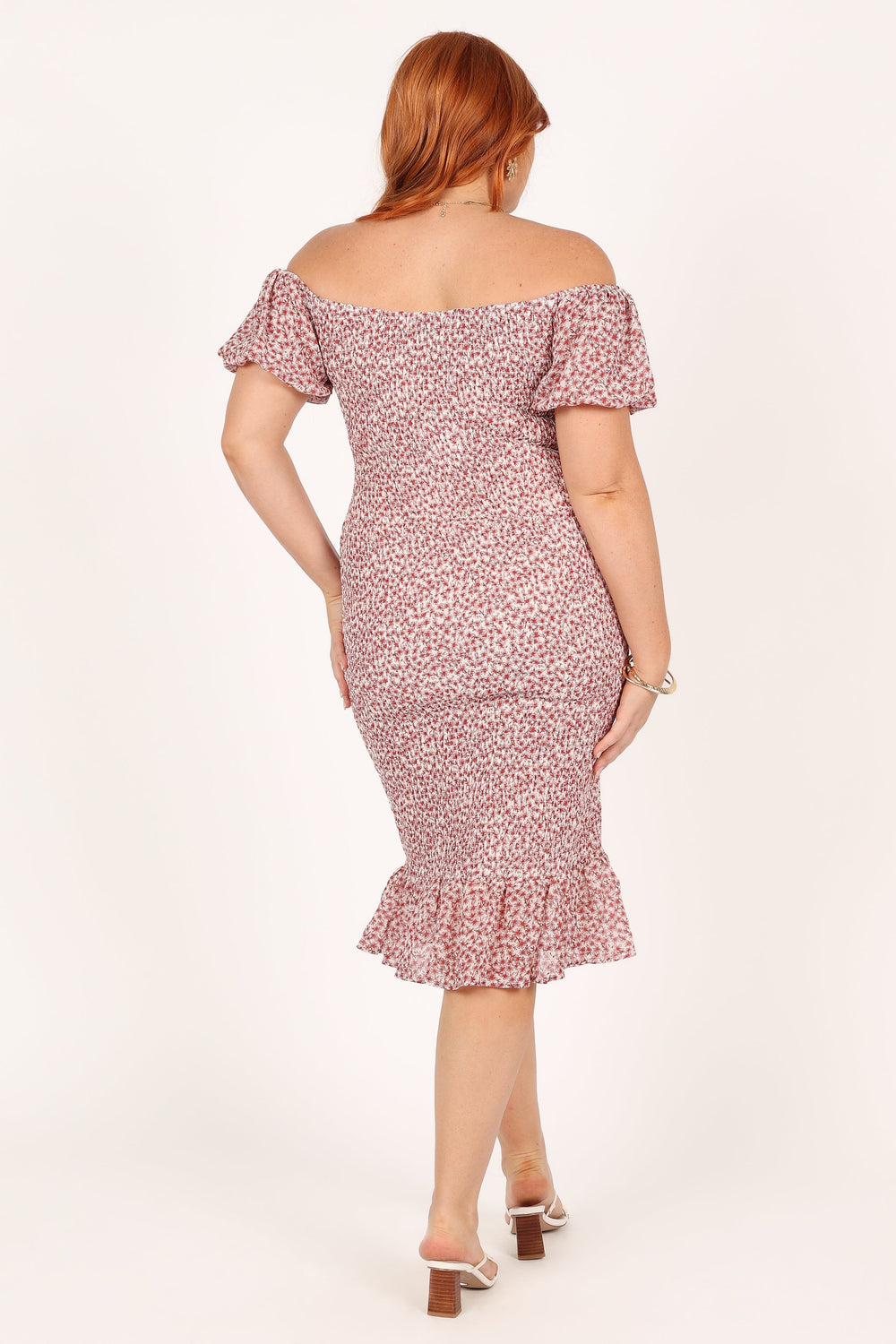 DRESSES Claire Shirred Bodycon Off Shoulder Midi Dress - Pink Floral