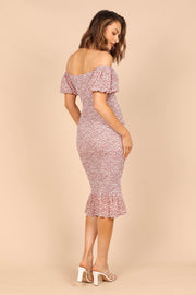 DRESSES @Claire Shirred Bodycon Off Shoulder Midi Dress - Pink Floral (revised rubik style - waiting on bulk)