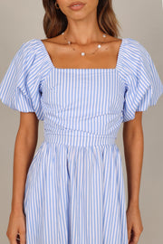 DRESSES @Clo Puff Sleeve Maxi Dress - Blue Stripe