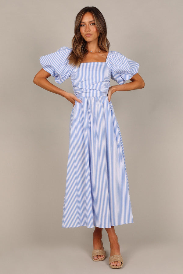 DRESSES @Clo Puff Sleeve Maxi Dress - Blue Stripe