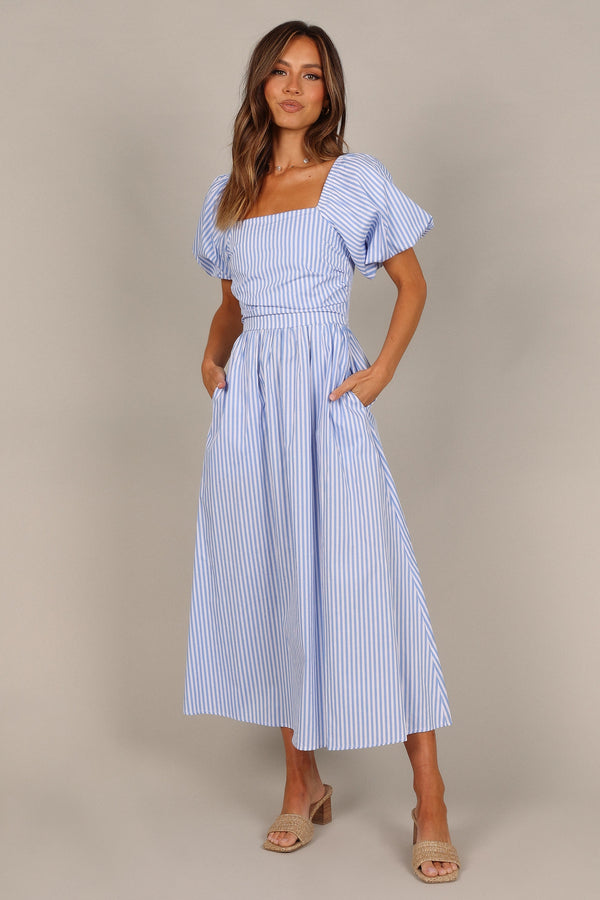 DRESSES @Clo Puff Sleeve Maxi Dress - Blue Stripe