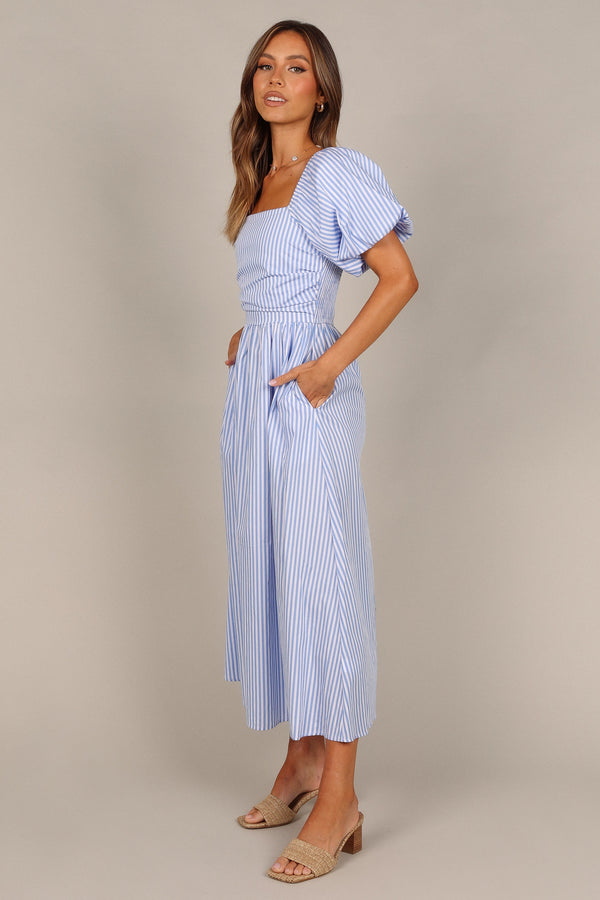 DRESSES @Clo Puff Sleeve Maxi Dress - Blue Stripe