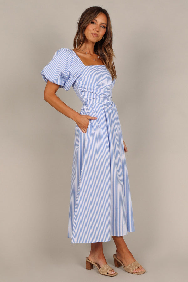 DRESSES @Clo Puff Sleeve Maxi Dress - Blue Stripe