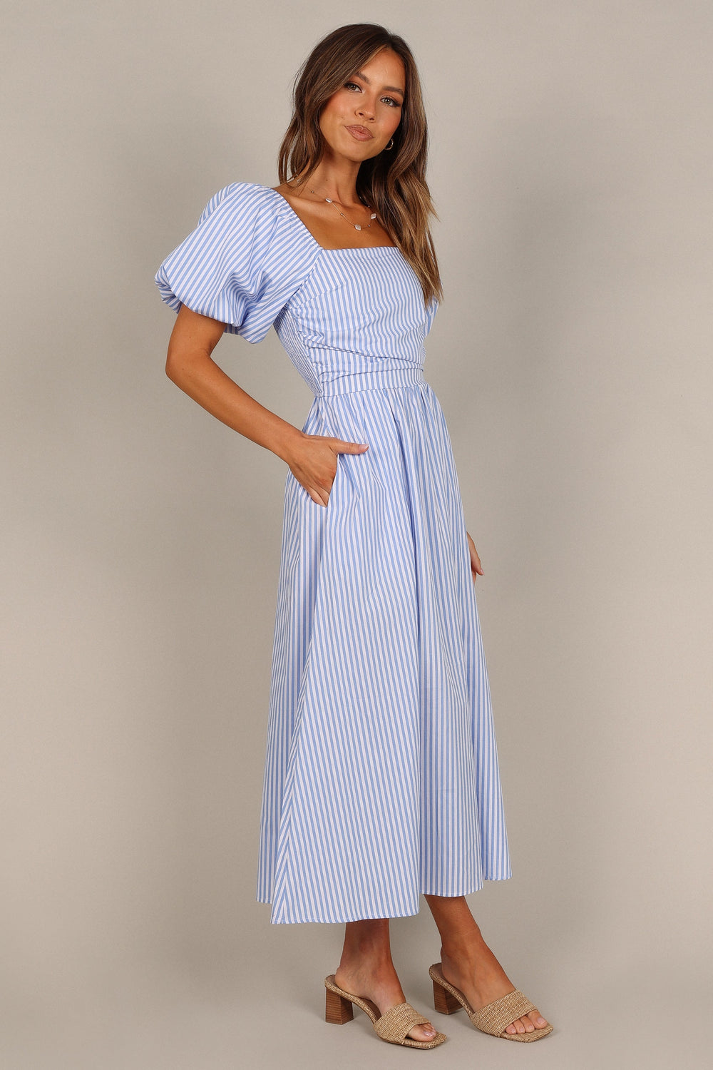 DRESSES @Clo Puff Sleeve Maxi Dress - Blue Stripe