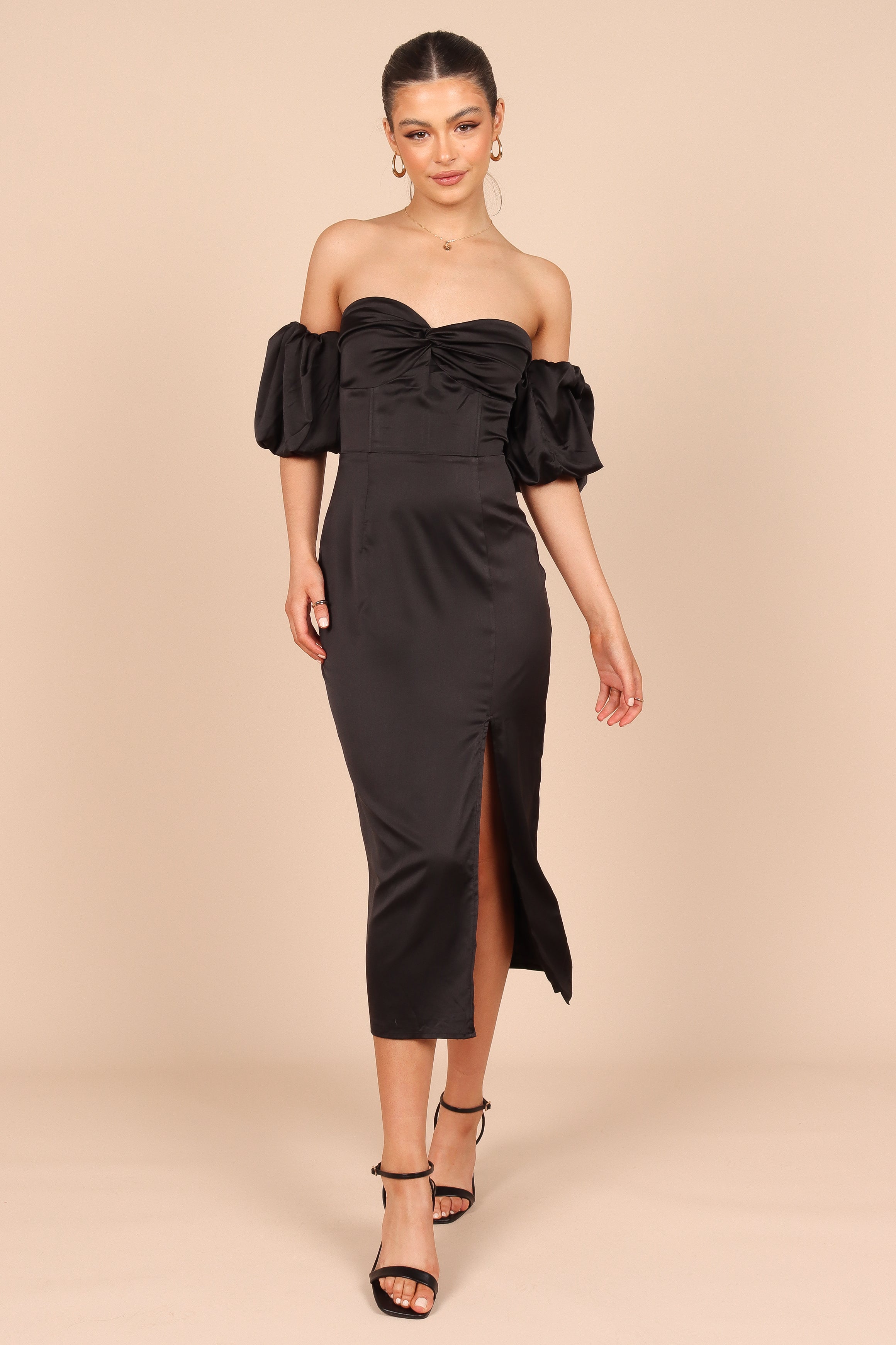 Dahlia Off Shoulder Puff Sleeve Midi Dress Black Petal Pup