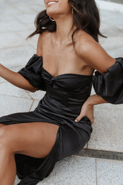 DRESSES @Dahlia Off Shoulder Puff Sleeve Midi Dress - Black