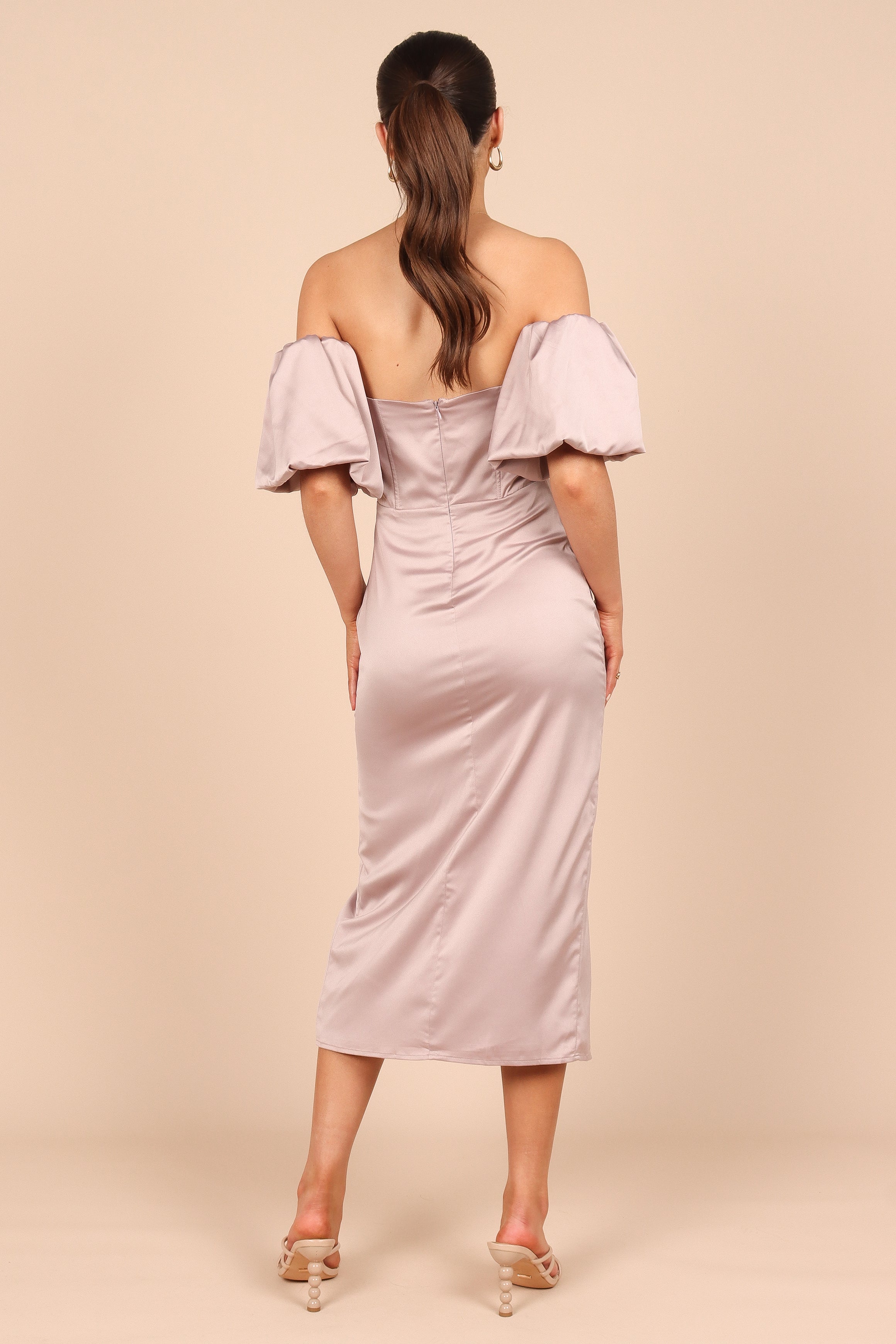 DRESSES @Dahlia Off Shoulder Puff Sleeve Midi Dress - Lilac