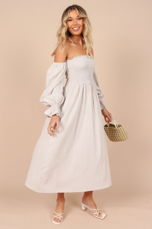 DRESSES @Domenica Shirred Long Sleeve Midi Dress - Beige Stripe