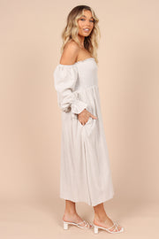 DRESSES @Domenica Shirred Long Sleeve Midi Dress - Beige Stripe