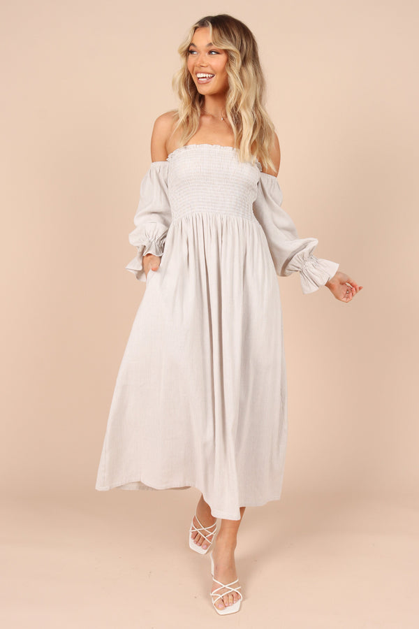 DRESSES @Domenica Shirred Long Sleeve Midi Dress - Beige Stripe