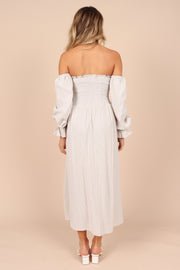 DRESSES @Domenica Shirred Long Sleeve Midi Dress - Beige Stripe