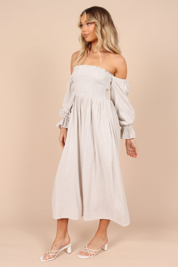 DRESSES @Domenica Shirred Long Sleeve Midi Dress - Beige Stripe