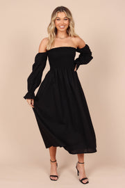 DRESSES @Domenica Shirred Long Sleeve Midi Dress - Black