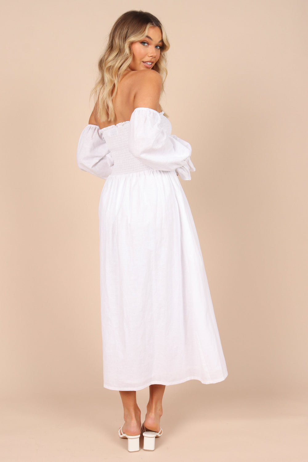 DRESSES @Domenica Shirred Long Sleeve Midi Dress - White