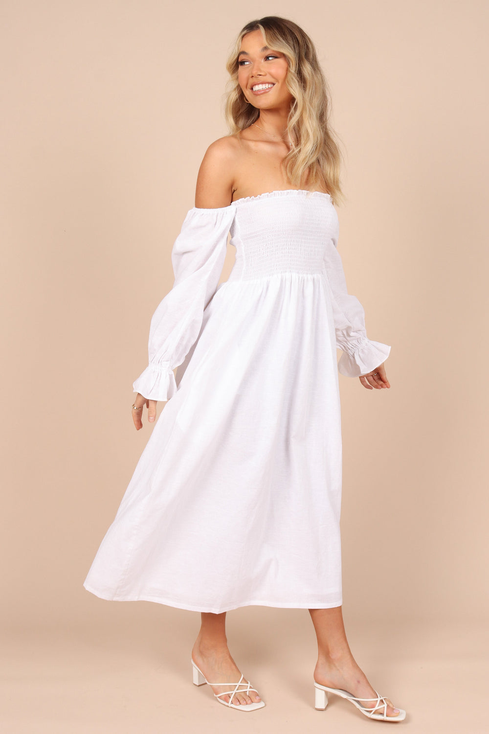 DRESSES @Domenica Shirred Long Sleeve Midi Dress - White