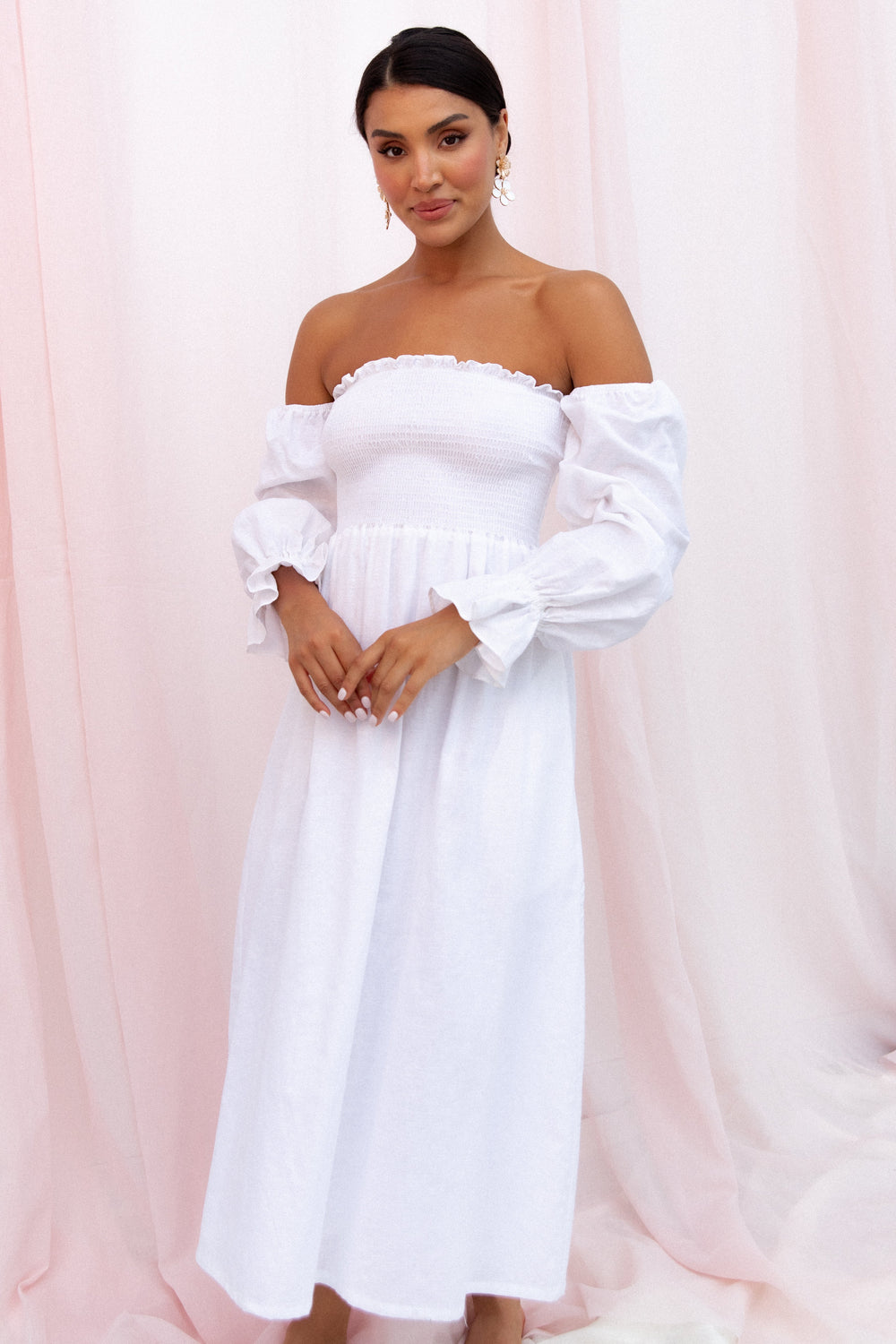DRESSES Domenica Shirred Long Sleeve Midi Dress - White