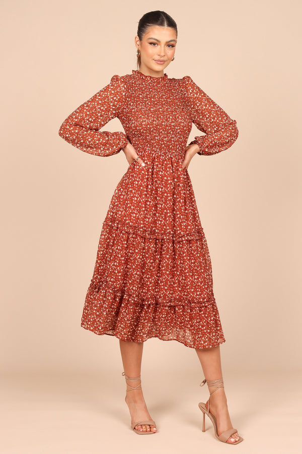 DRESSES @Edwina Shirred Frill Long Sleeve Midi Dress - Rust Floral